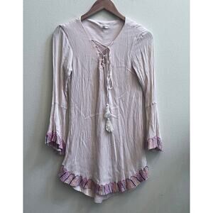 Tea & Cup Boho Embroidery Bell Sleeves Blouse Cream Pink Women's Tops Size Small